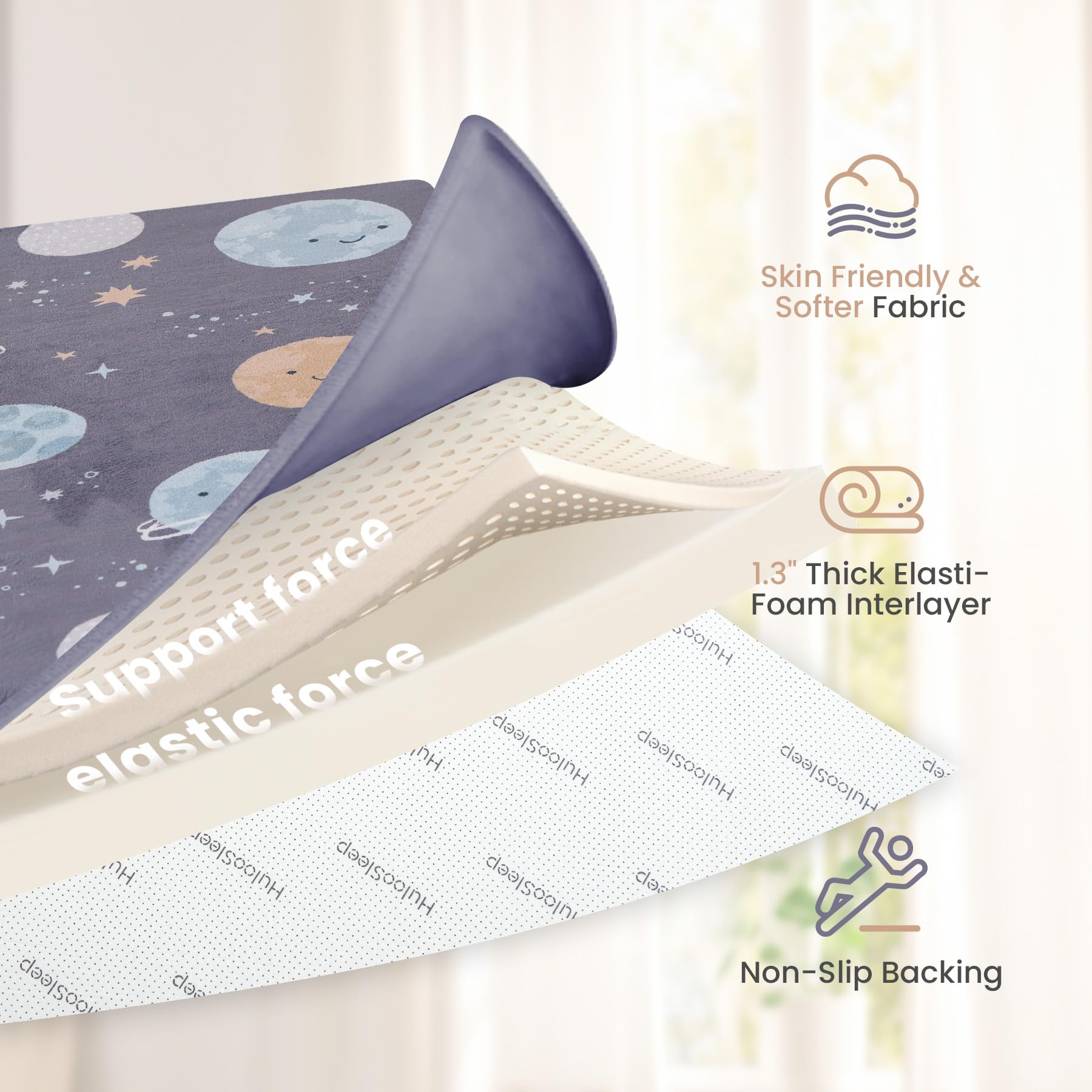 Huloo Sleep tummy-time scene on 50x50 mat highlights spacious play area.