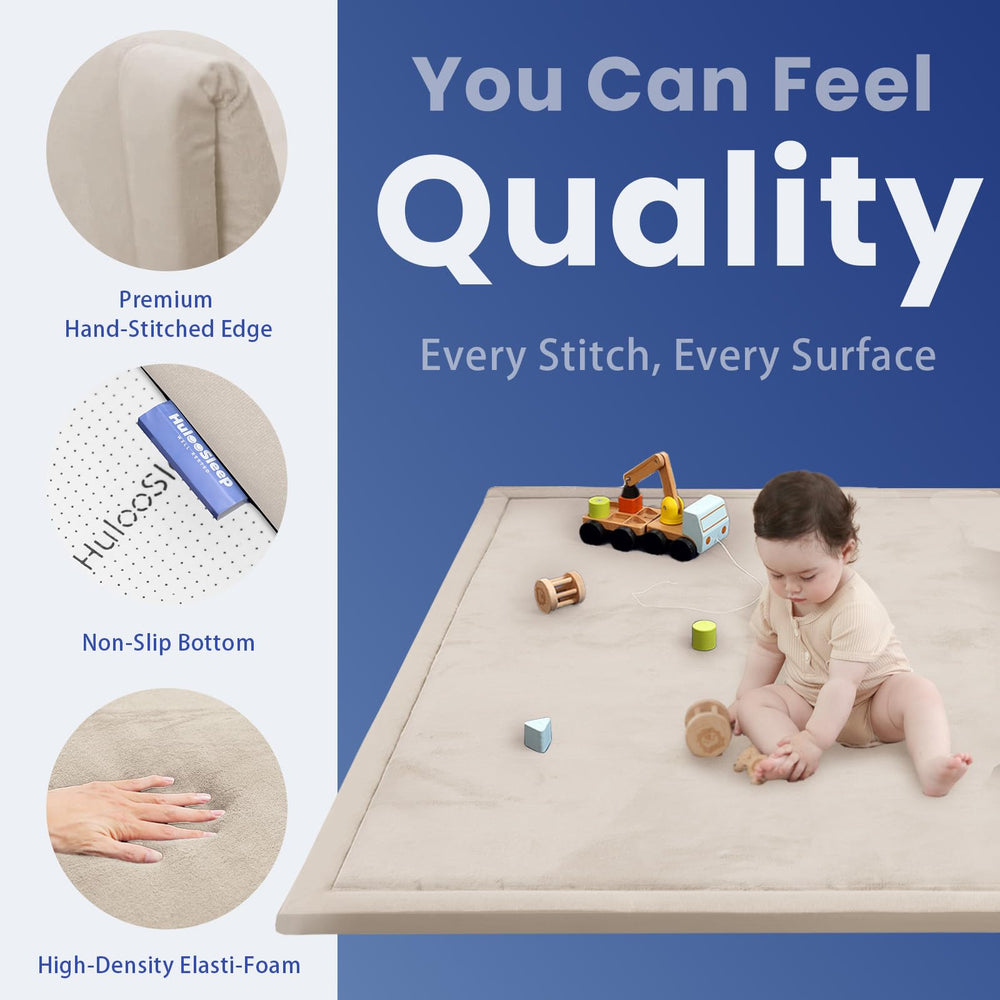 Huloo Sleep baby play mat tummy-time use on soft surface encourages vigorous activity.