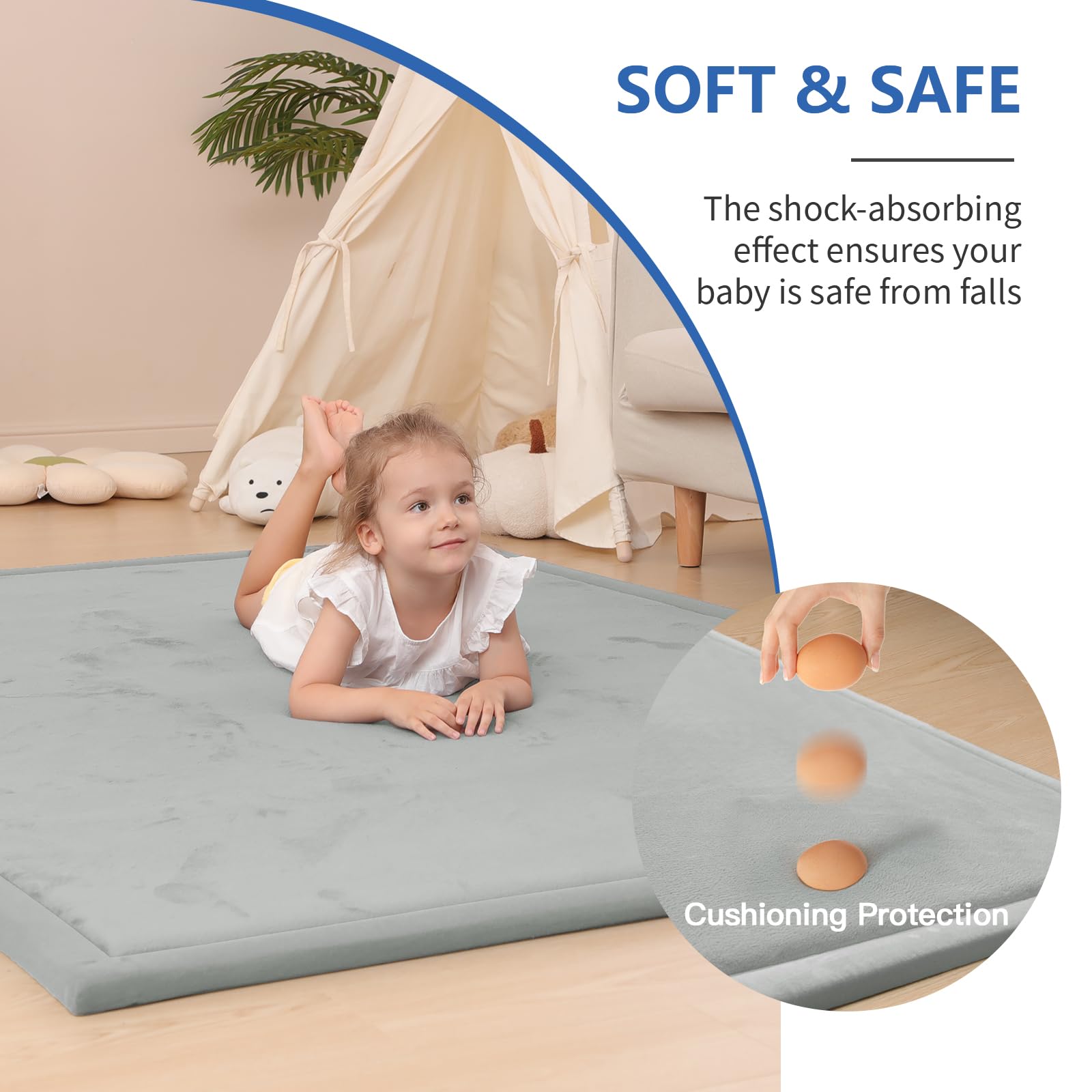 Huloo Sleep baby play mat water-repellent soft velvet texture ready for spill cleanup.