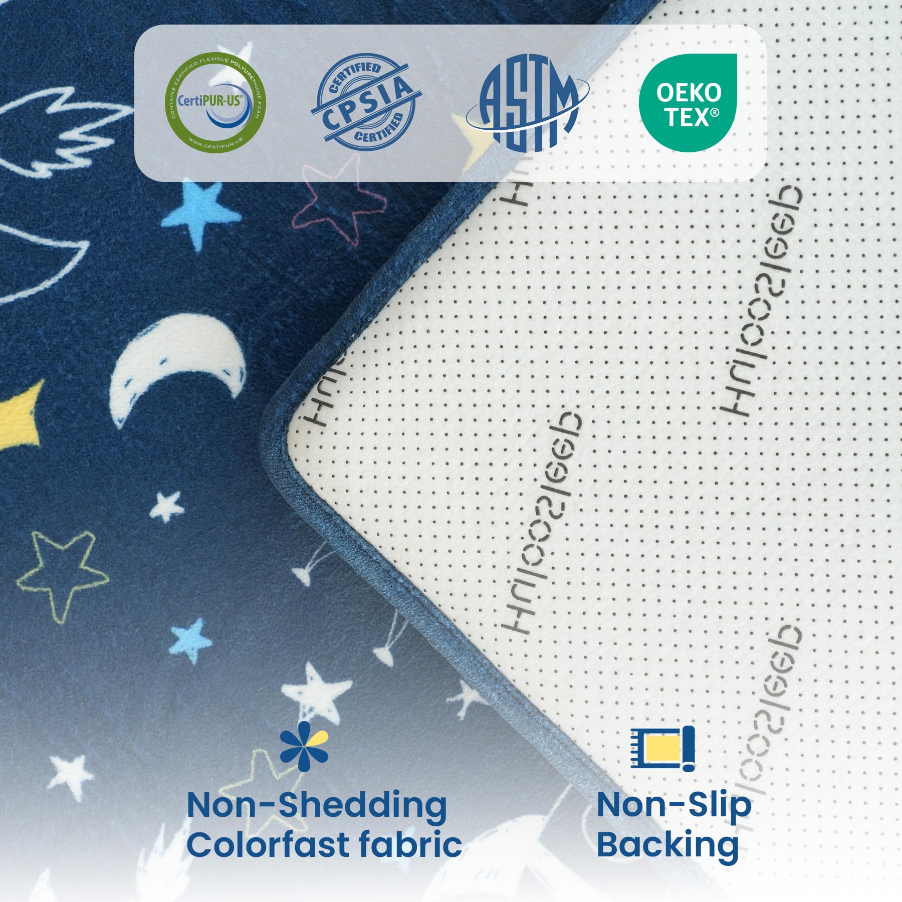 Huloo Sleep tummy time scene on 50x50 mat supports playful activity