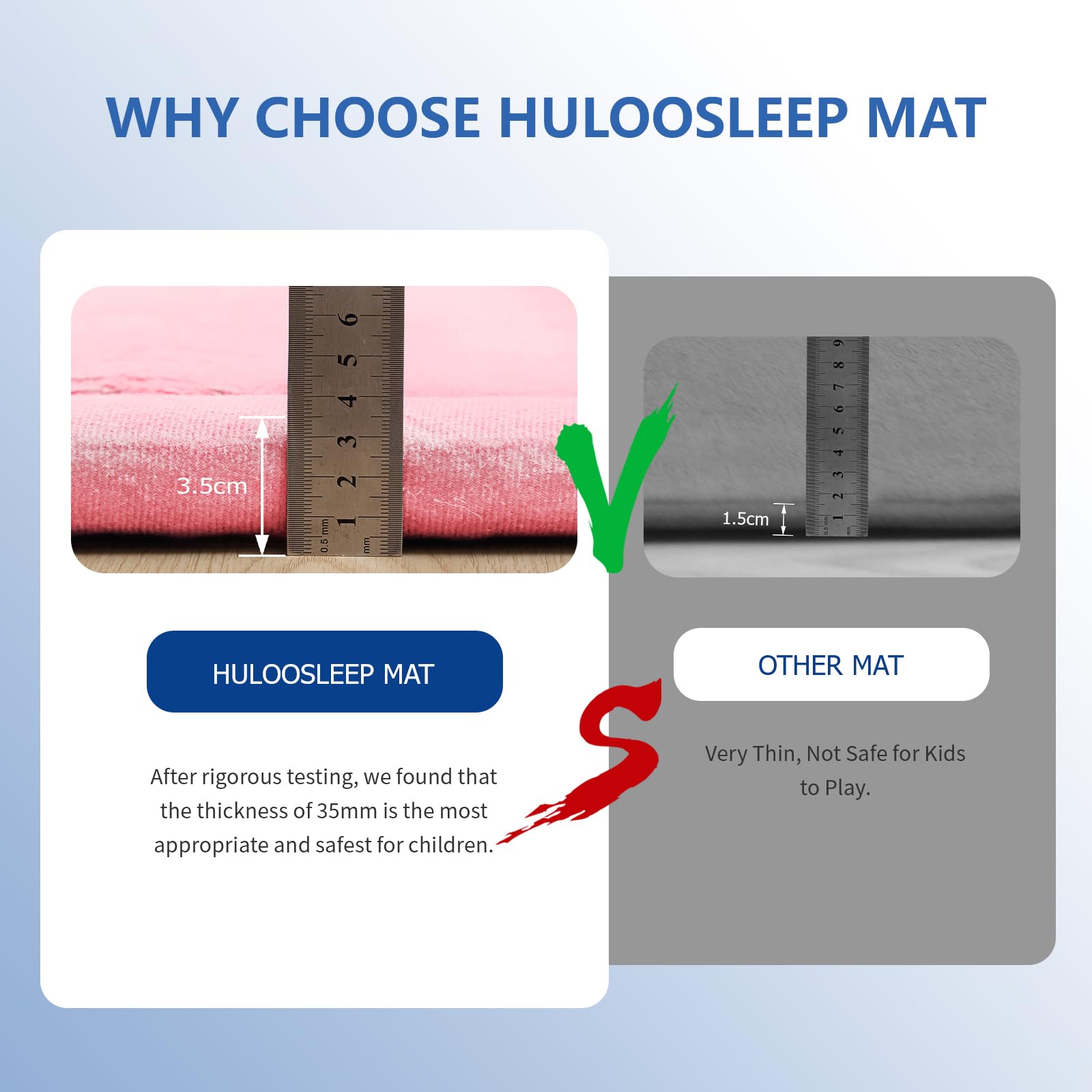 Huloo Sleep memory foam 1.3-inch thickness shown for soft landings.