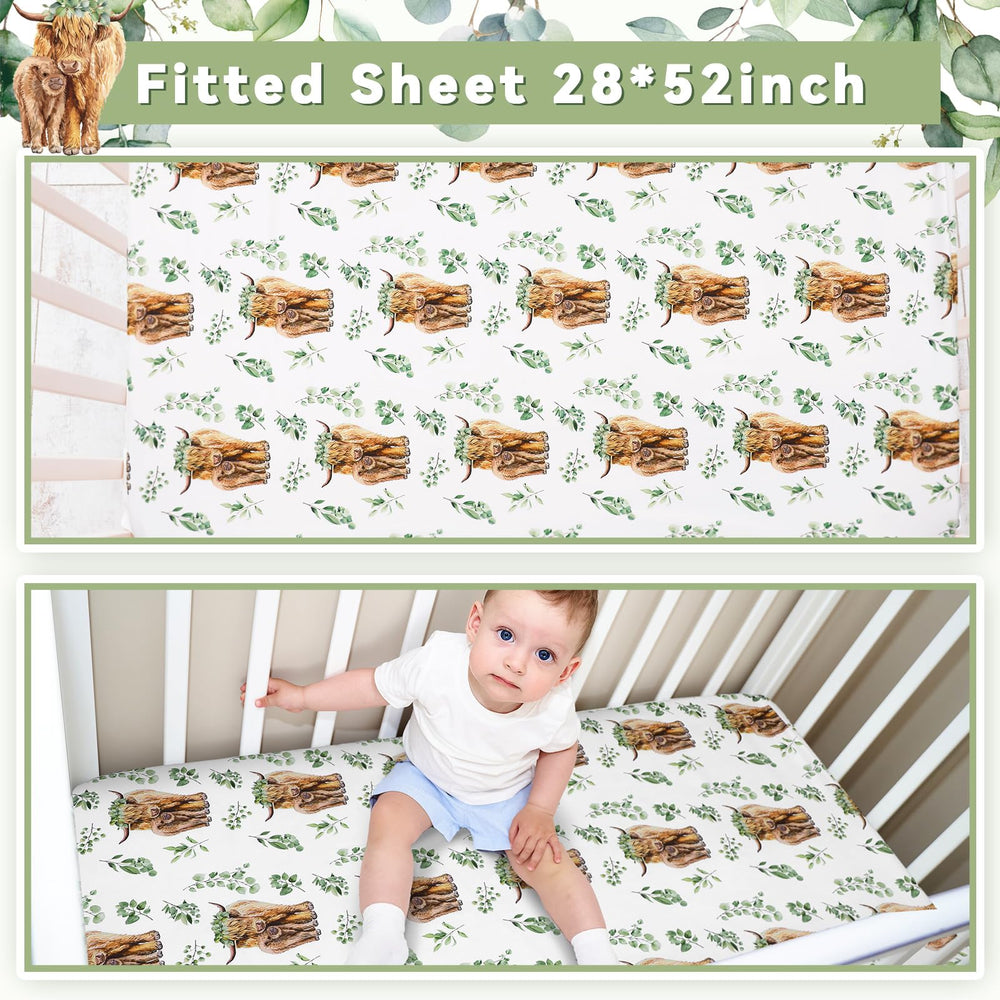 HunnmingRe Highland Cow set in crib shows coordinated nursery styling