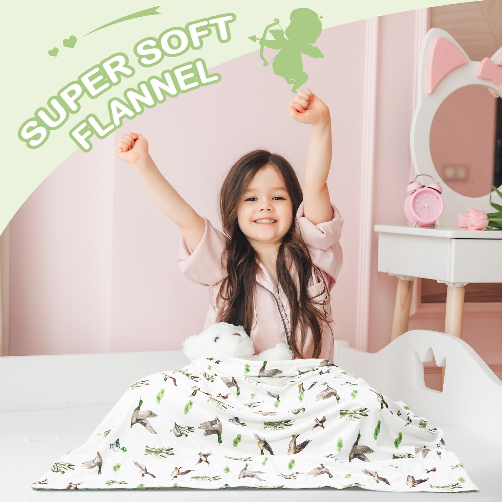 HunnmingRe Mallard Duck Baby Blanket care guide image shows machine-washable convenience