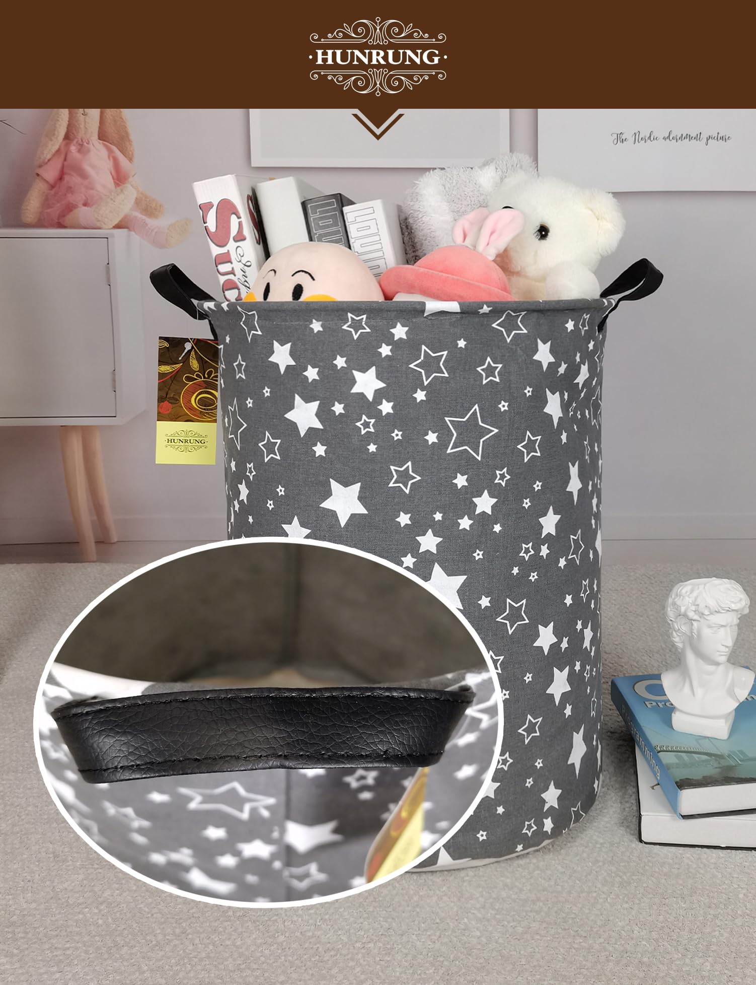 HUNRUNG collapsible storage bin folds flat for space-saving convenience.