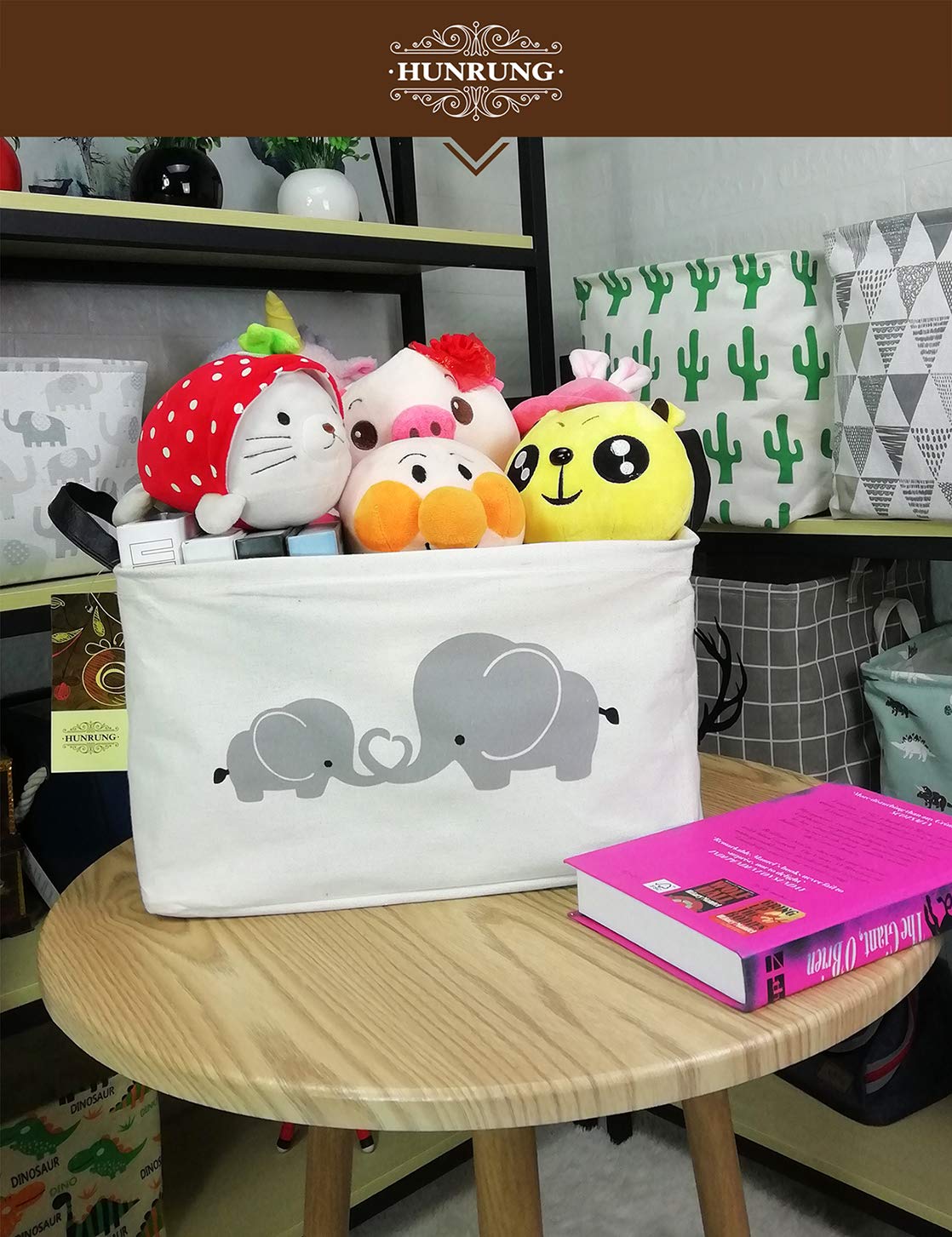 hunrung elephant storage basket with handles for easy toting around the home.