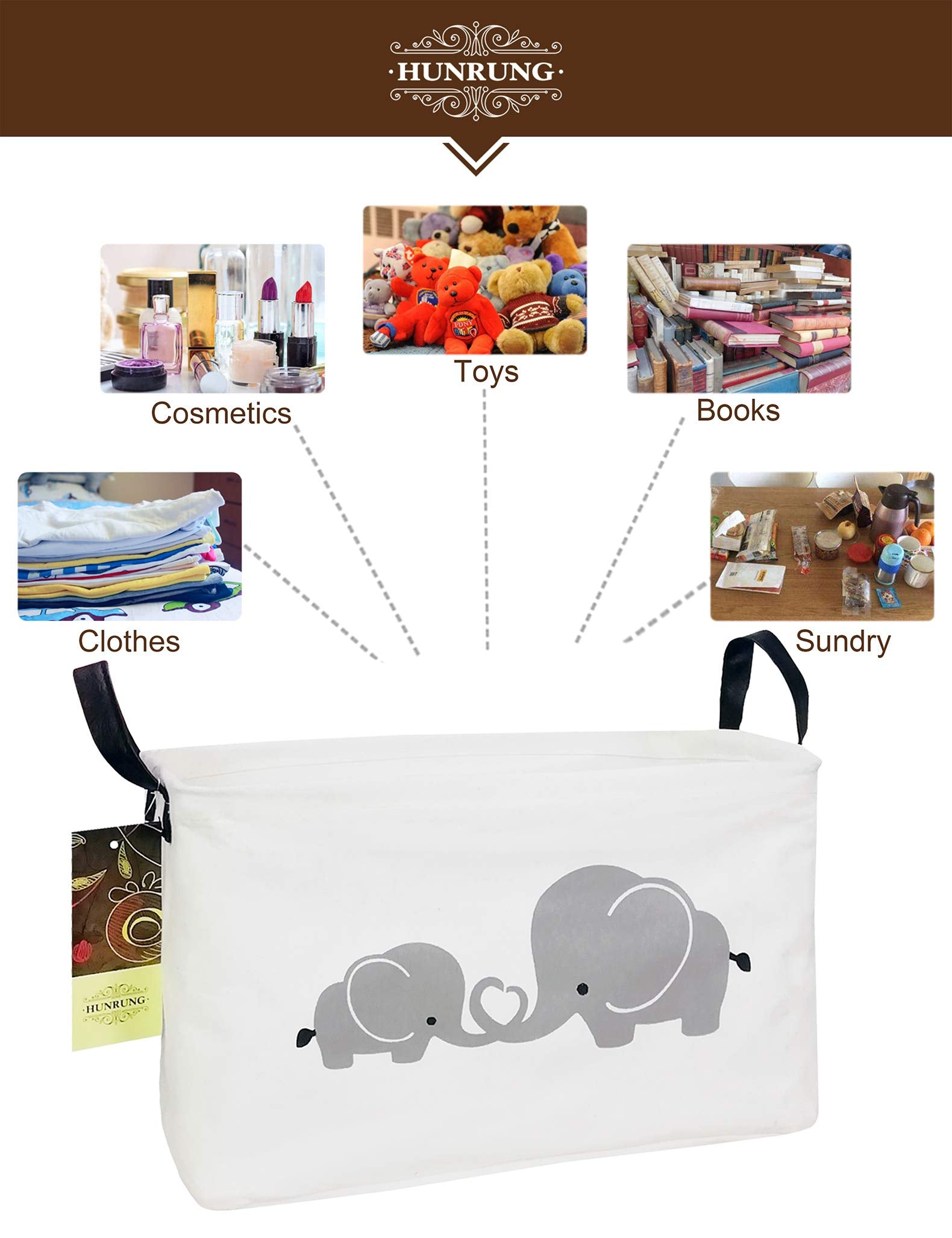 hunrung elephant storage basket in playroom for organized toy storage.