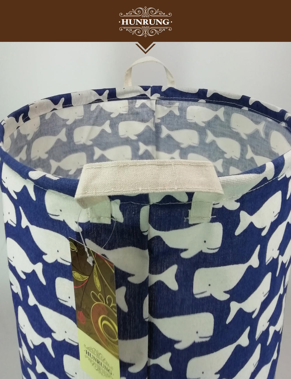 HUNRUNG laundry hamper blue whale pattern adds playful charm to a nursery.