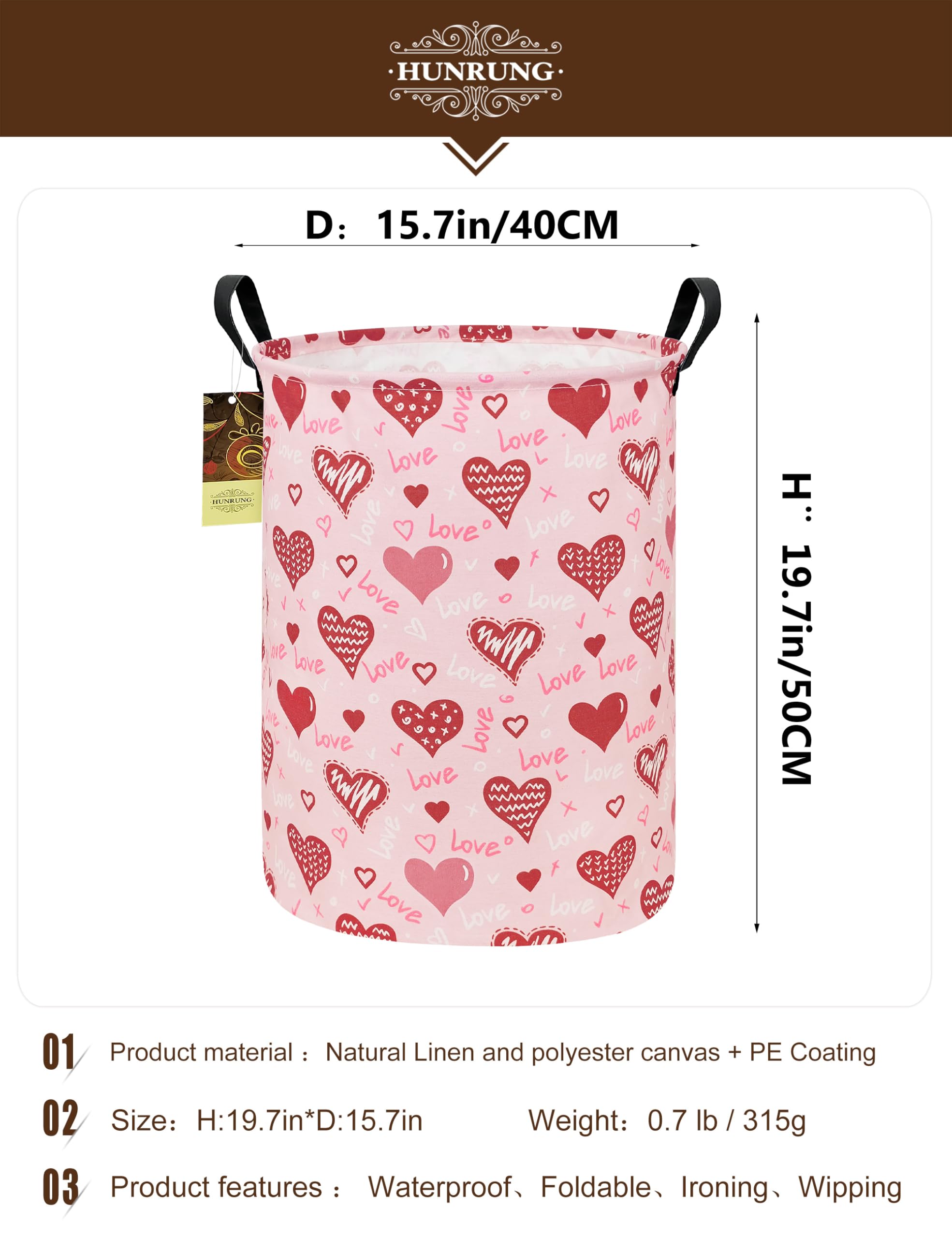 HUNRUNG canvas fabric storage basket side angle showcasing durable lightweight design.