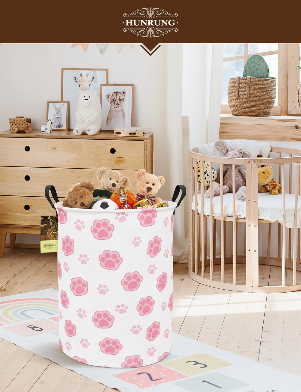 HUNRUNG Laundry Hamper in dorm room, round-pink paw design adds cute storage.