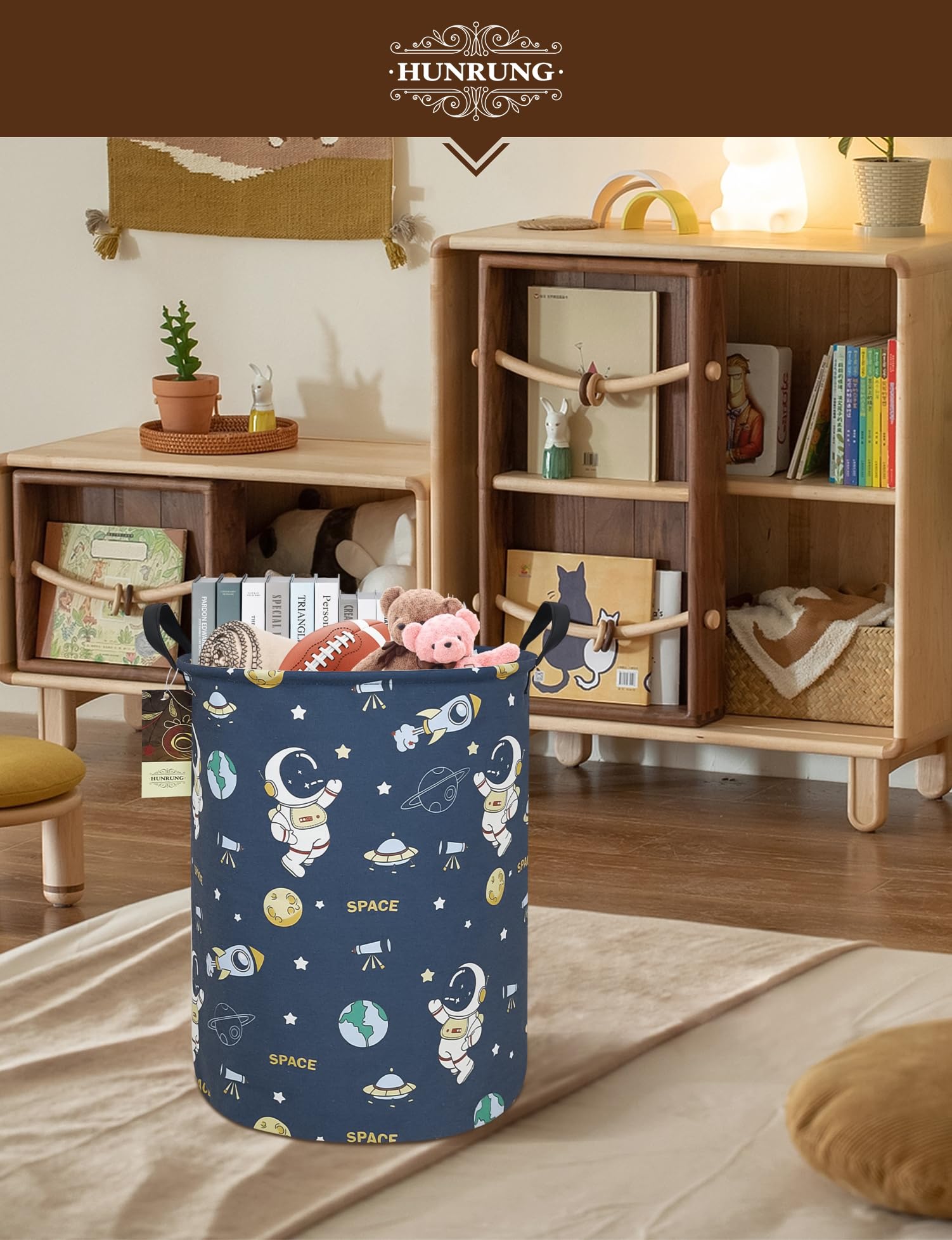HUNRUNG round laundry hamper folded for compact storage when not in use.