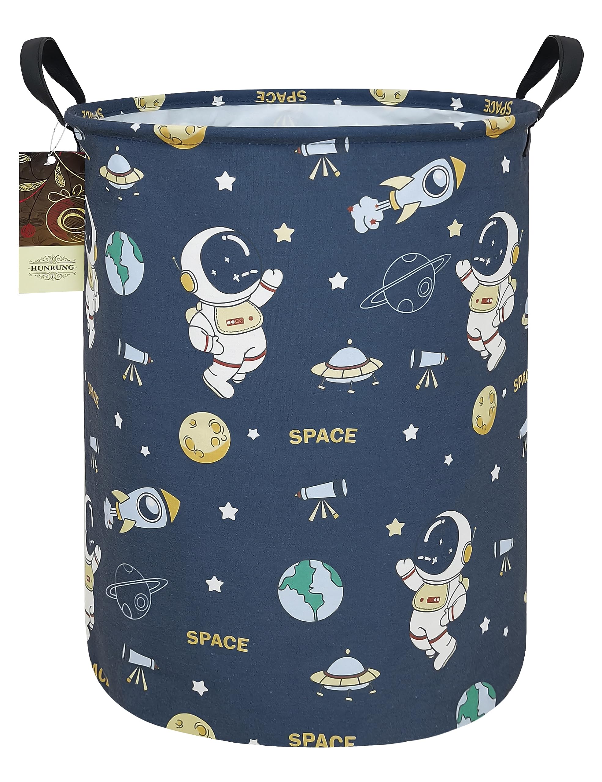 HUNRUNG round laundry hamper front view, blue space astronaut design, keeps dorm clothes organized.