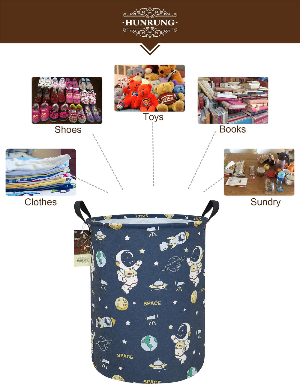 HUNRUNG round laundry hamper in kids' room stores toys and clothes.