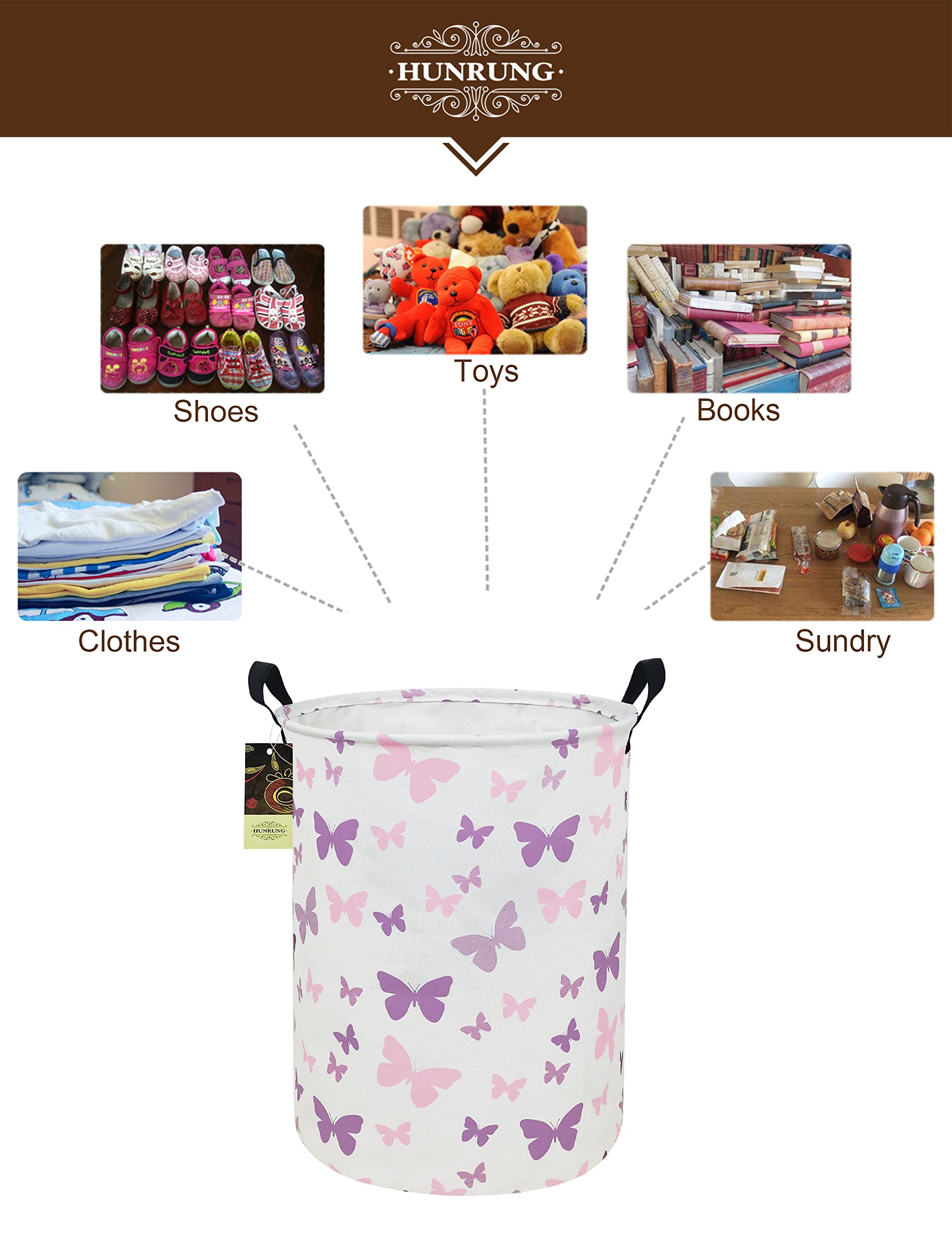 HUNRUNG Laundry Hamper Round-Butterfly closeup material shows canvas, linen blend and waterproof coating.