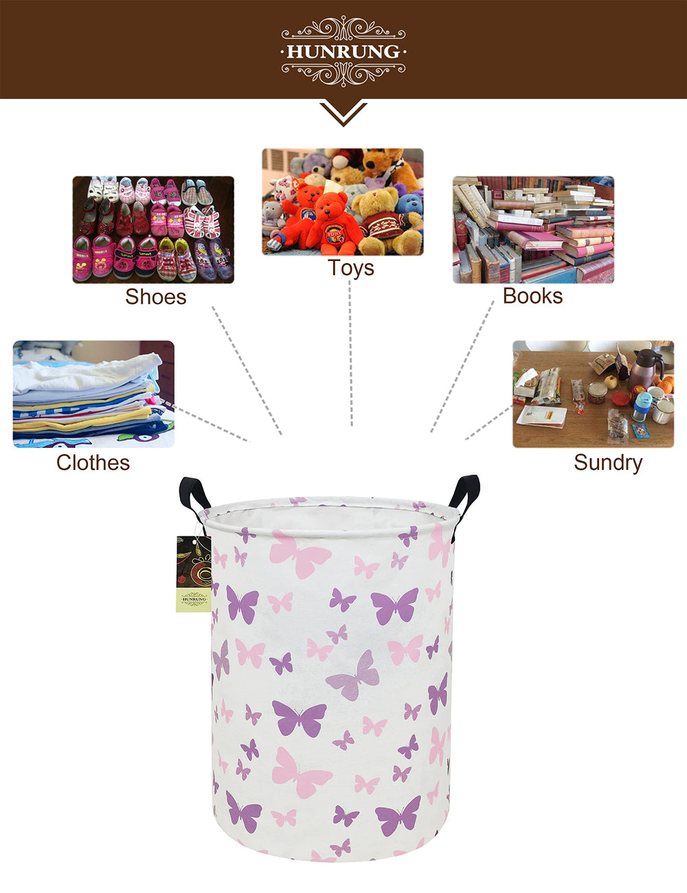 HUNRUNG Laundry Hamper Round-Butterfly closeup material shows canvas, linen blend and waterproof coating.