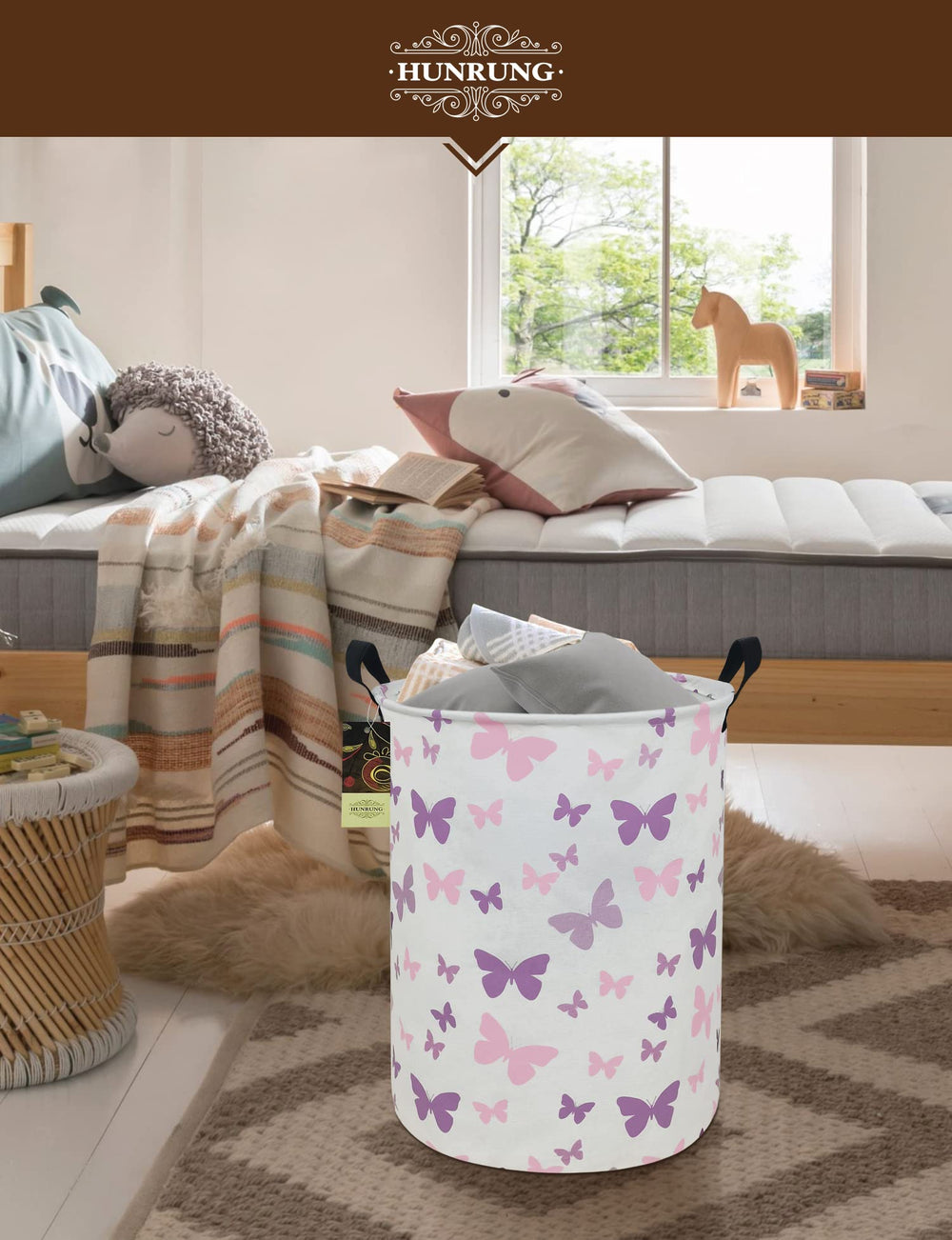 HUNRUNG Laundry Hamper Round-Butterfly in dorm space demonstrates compact organization for roommates.