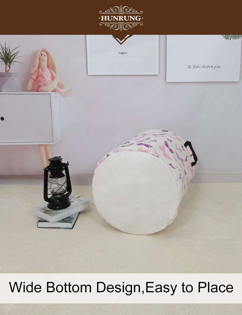 HUNRUNG Laundry Hamper Round-Butterfly handles demonstrate portable, easy transport between rooms.