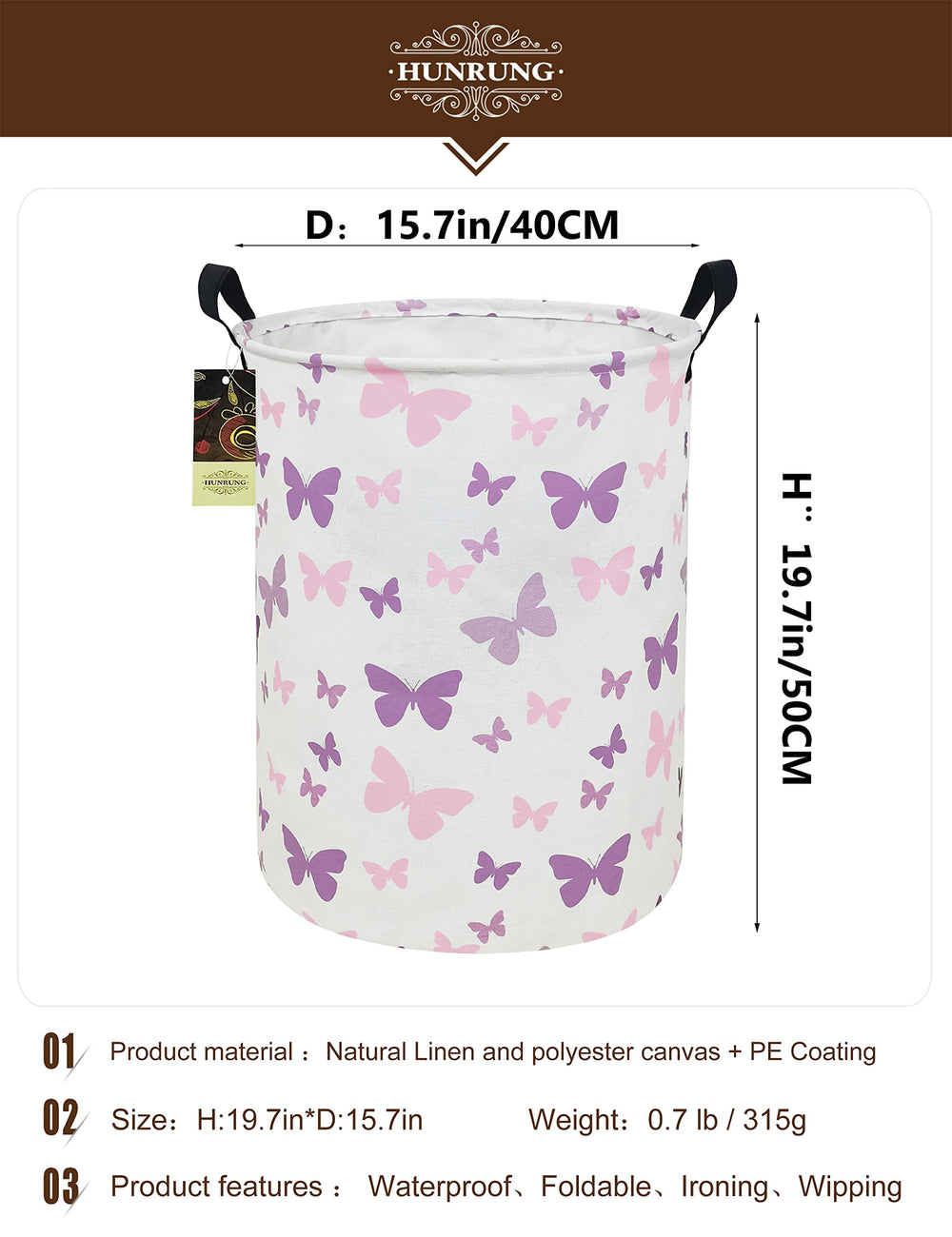 HUNRUNG Laundry Hamper Round-Butterfly top view highlights spacious interior for laundry or toys.