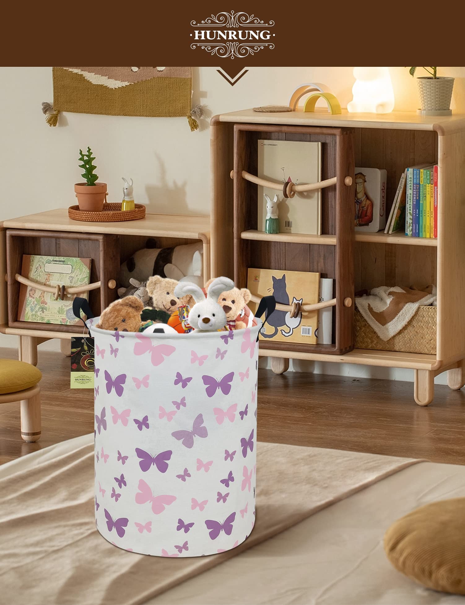 HUNRUNG Laundry Hamper Round-Butterfly washable fabric simplifies cleaning and maintenance.