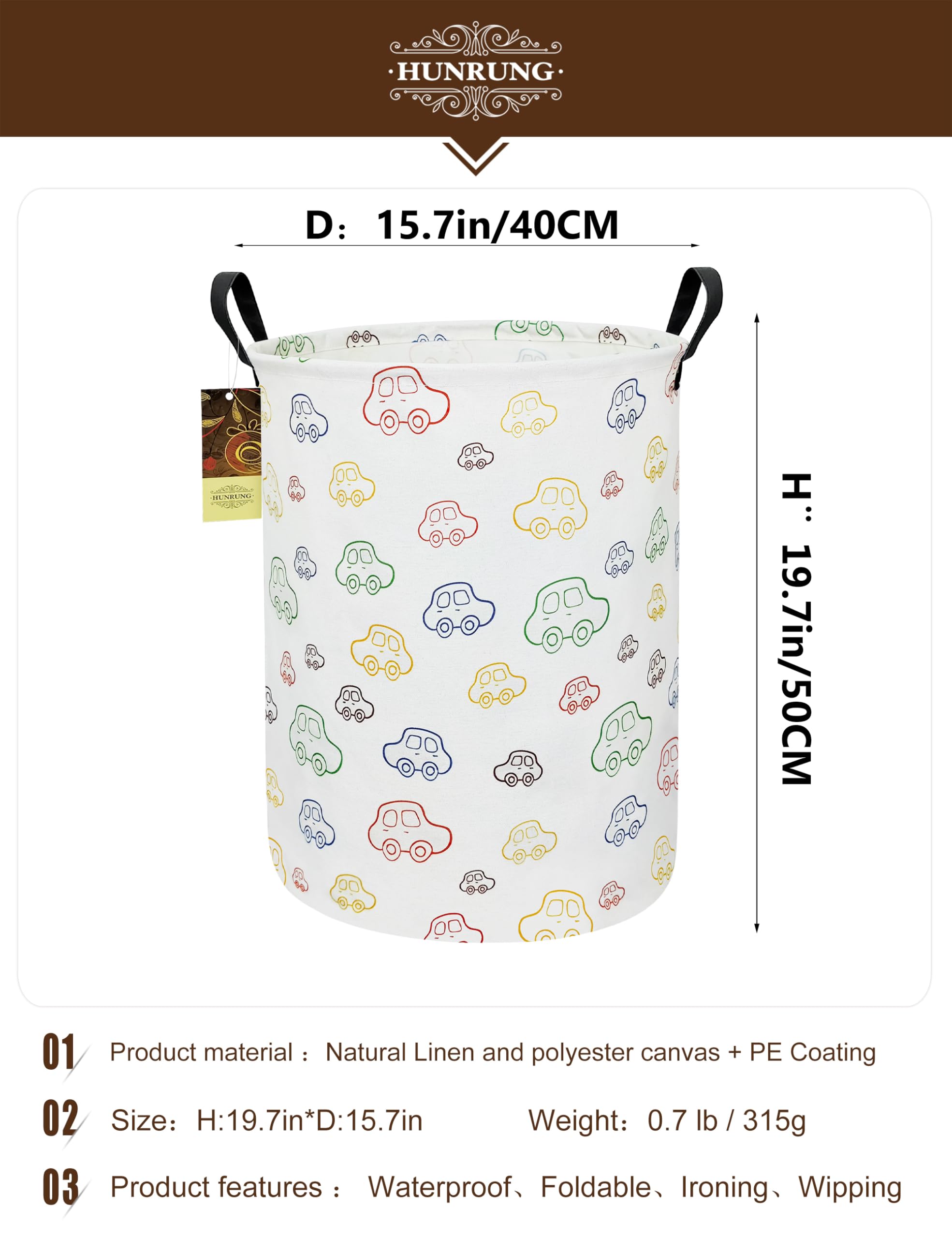 HUNRUNG laundry hamper side view highlights portability with two handles for easy transport