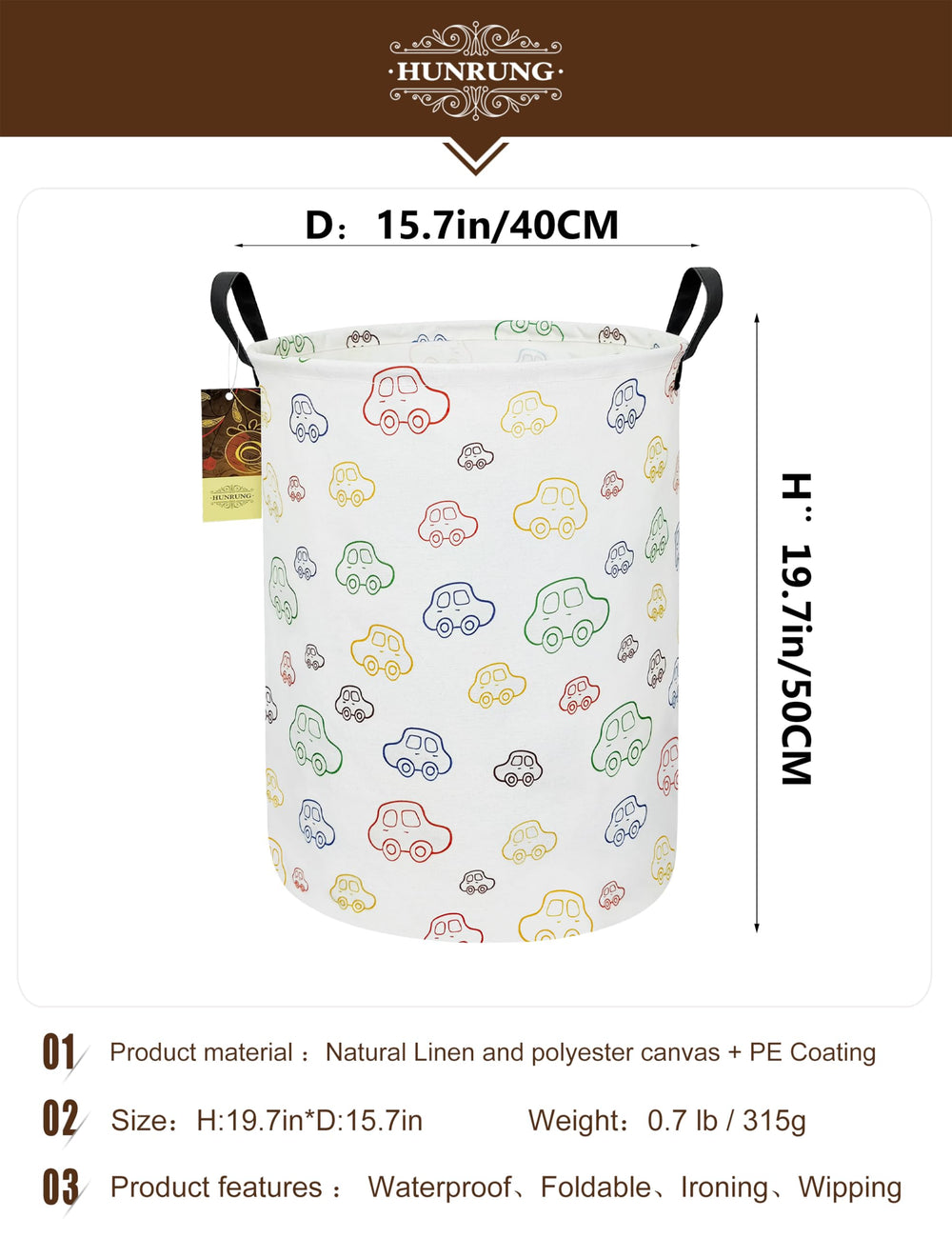 HUNRUNG laundry hamper side view highlights portability with two handles for easy transport