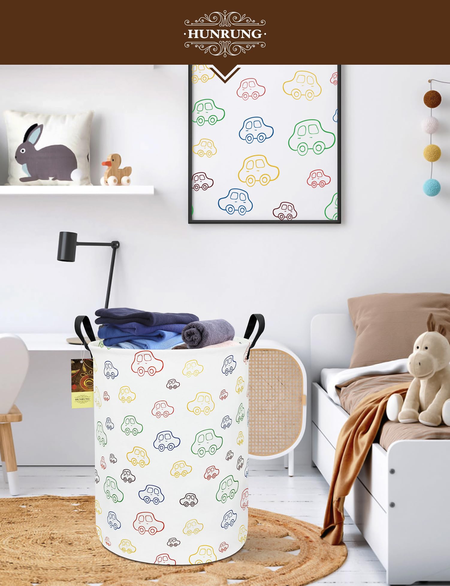 HUNRUNG laundry hamper toy-storage-view emphasizes kids' room organization and easy cleanup after playtime