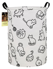 HUNRUNG laundry hamper round cat front view showcases easy-to-carry convenience for dorms.