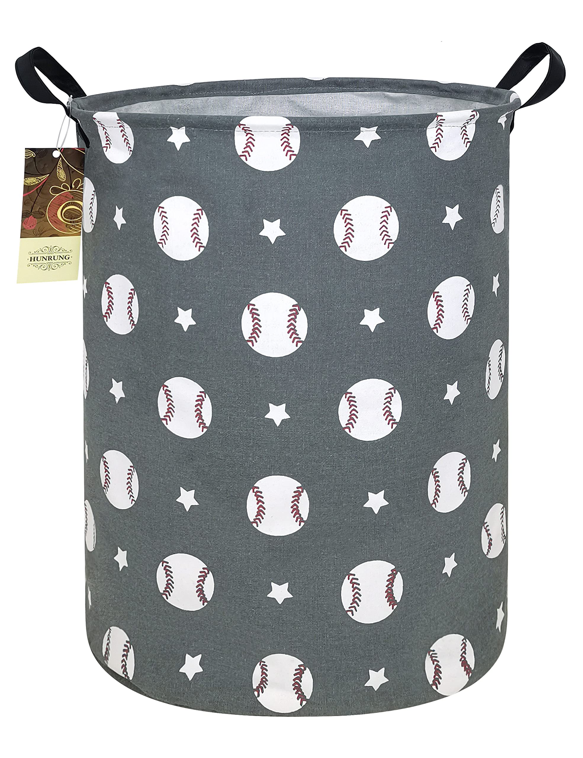 HUNRUNG laundry hamper round-grey fabric closeup, durable canvas for everyday laundry and toy storage.