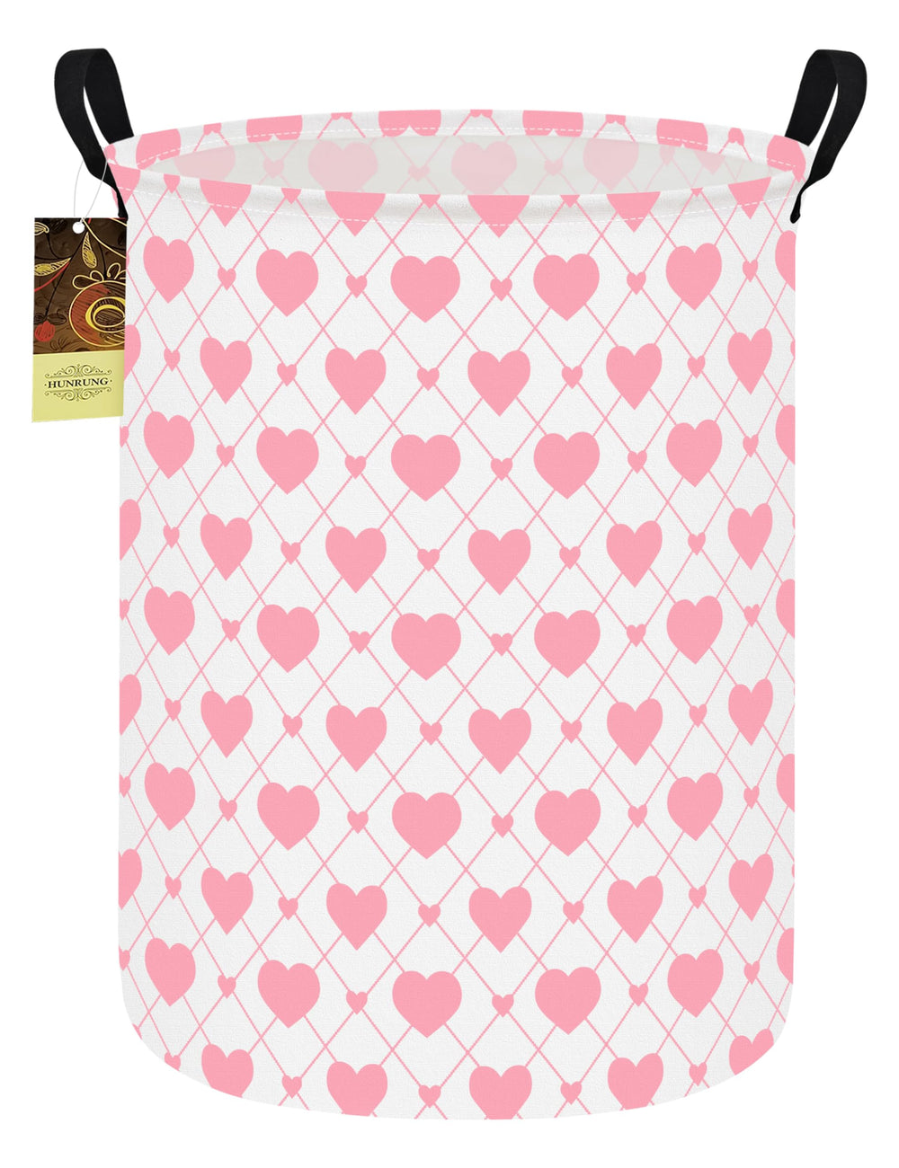 HUNRUNG laundry hamper round-heart pattern closeup highlights durable canvas for toy storage.