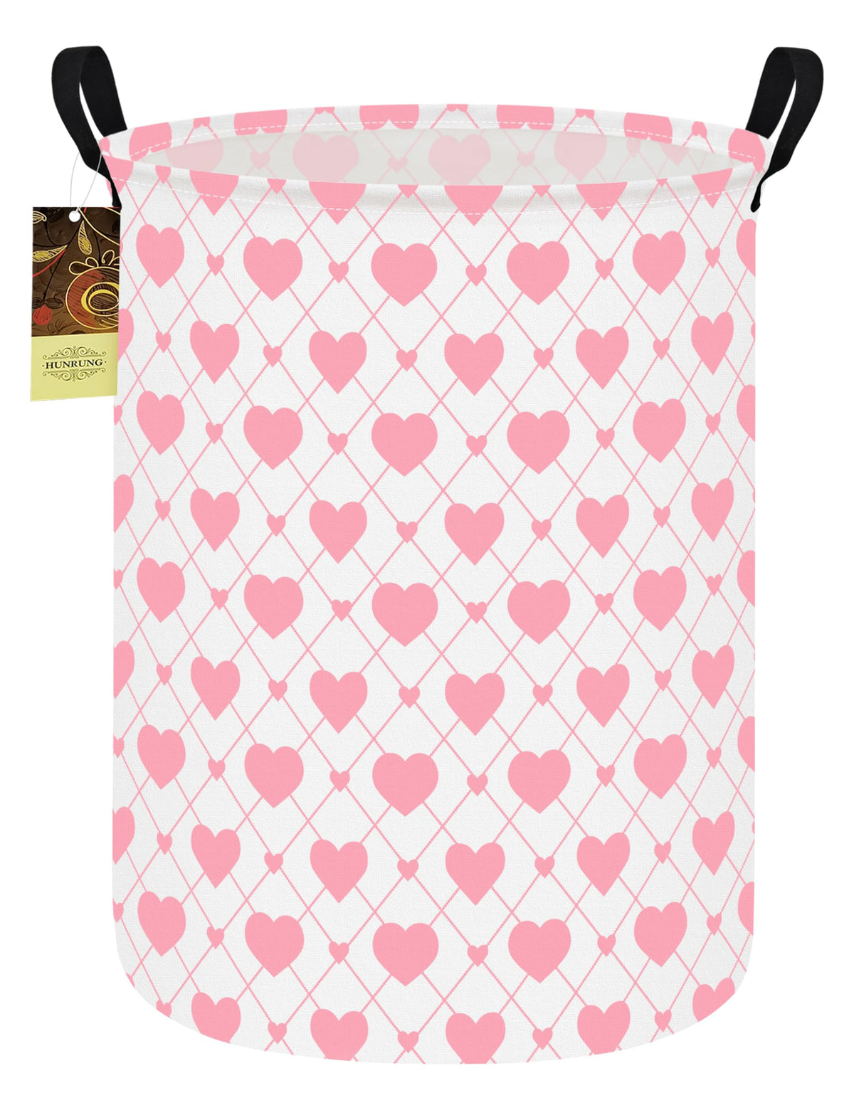 HUNRUNG laundry hamper round-heart pattern closeup highlights durable canvas for toy storage.