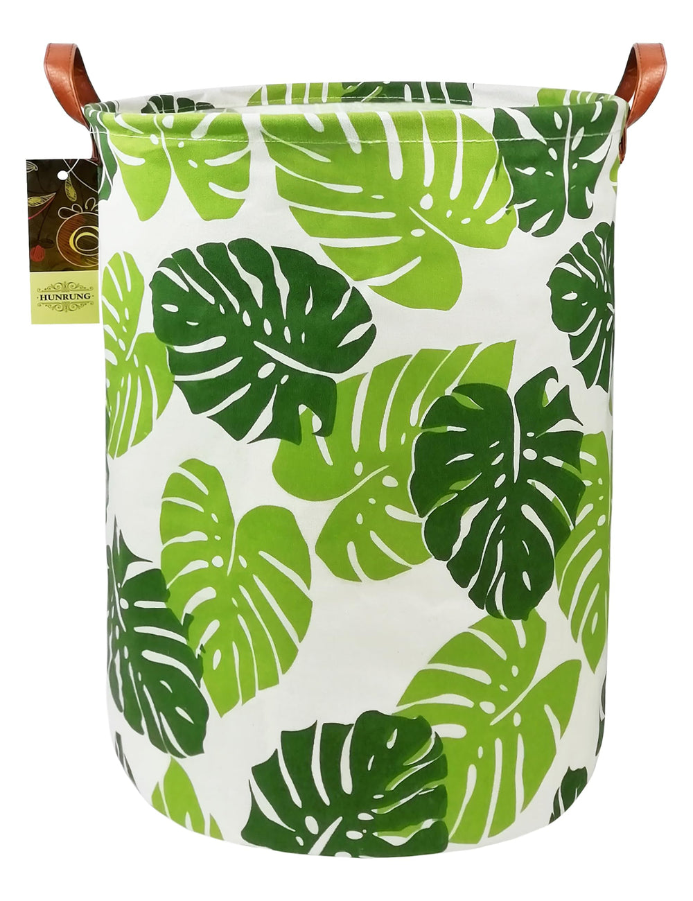 HUNRUNG Laundry Hamper in round leaf canvas keeps dorm laundry organized.