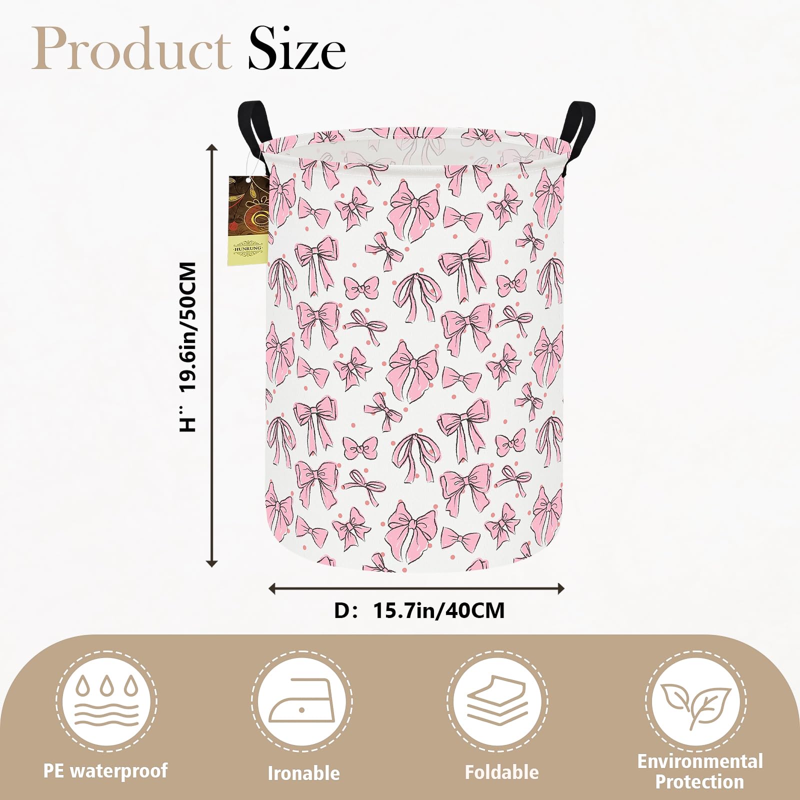 HUNRUNG round pink bow hamper collapsible design enables space-saving dorm room organization