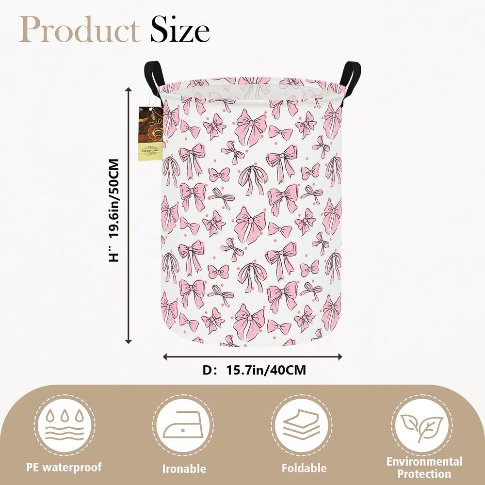 HUNRUNG round pink bow hamper collapsible design enables space-saving dorm room organization
