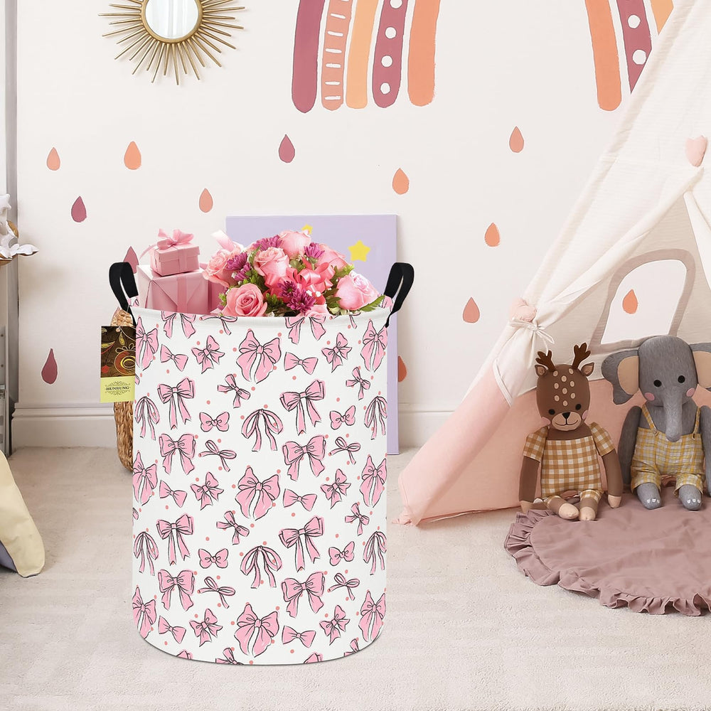 HUNRUNG round pink bow storage suits kids’ rooms for toy organization