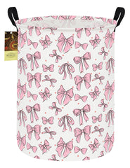 HUNRUNG Laundry Hamper full basket with round pink bow for dirty clothes storage