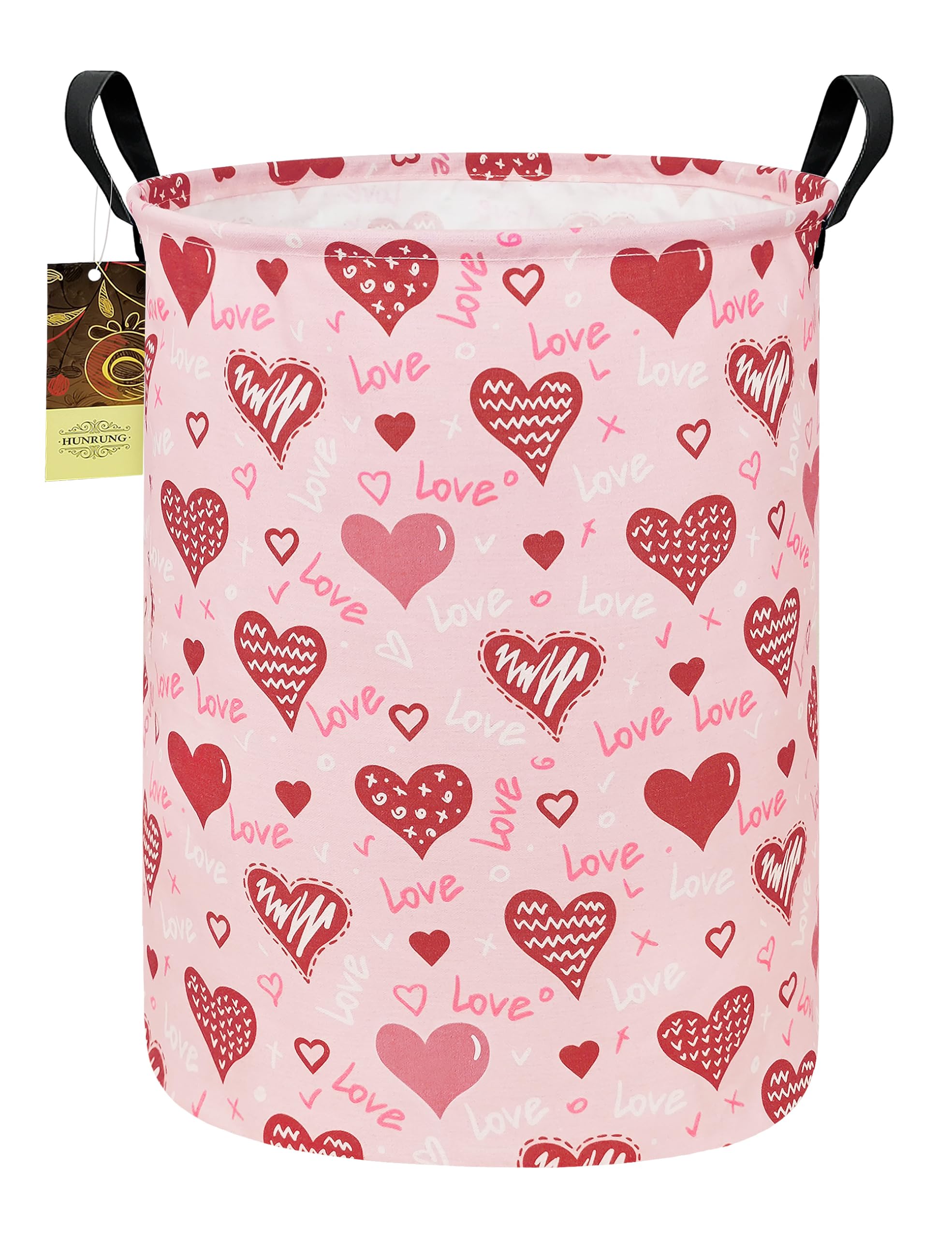 HUNRUNG laundry hamper round pink love heart front view for stylish dorm storage.