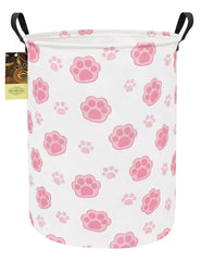 HUNRUNG Laundry Hamper front view with round pink paw, lightweight canvas for easy dorm laundry transport.