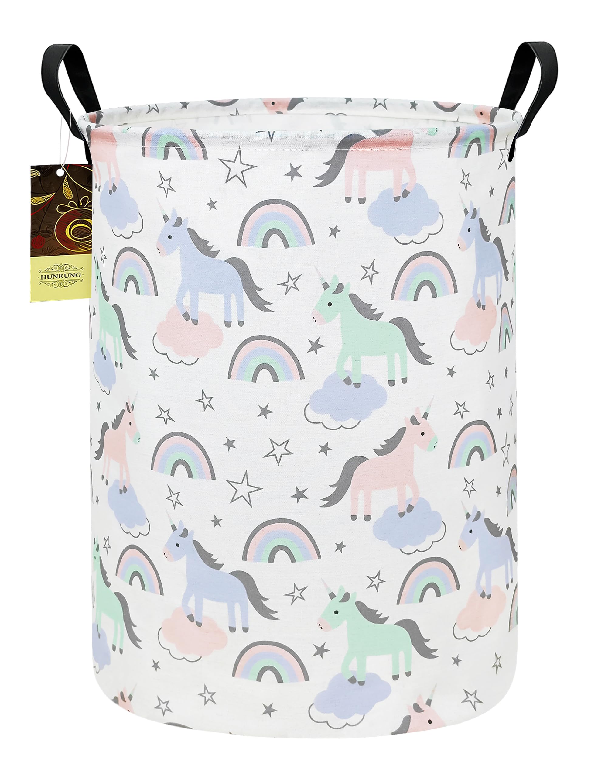 HUNRUNG laundry hamper with round-star unicorn design full basket, ideal for dorm storage.