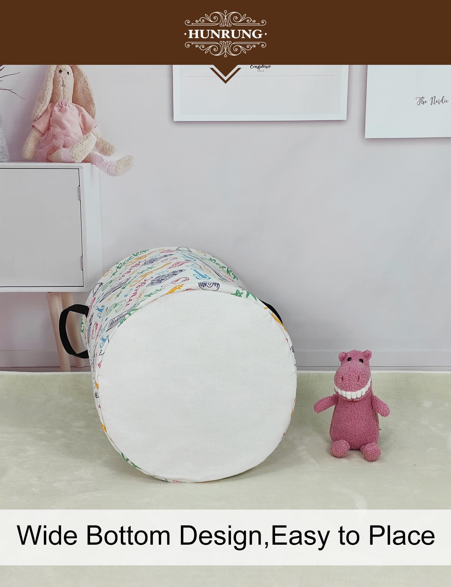HUNRUNG toy organizer doubles as a living room clothes or blanket basket.