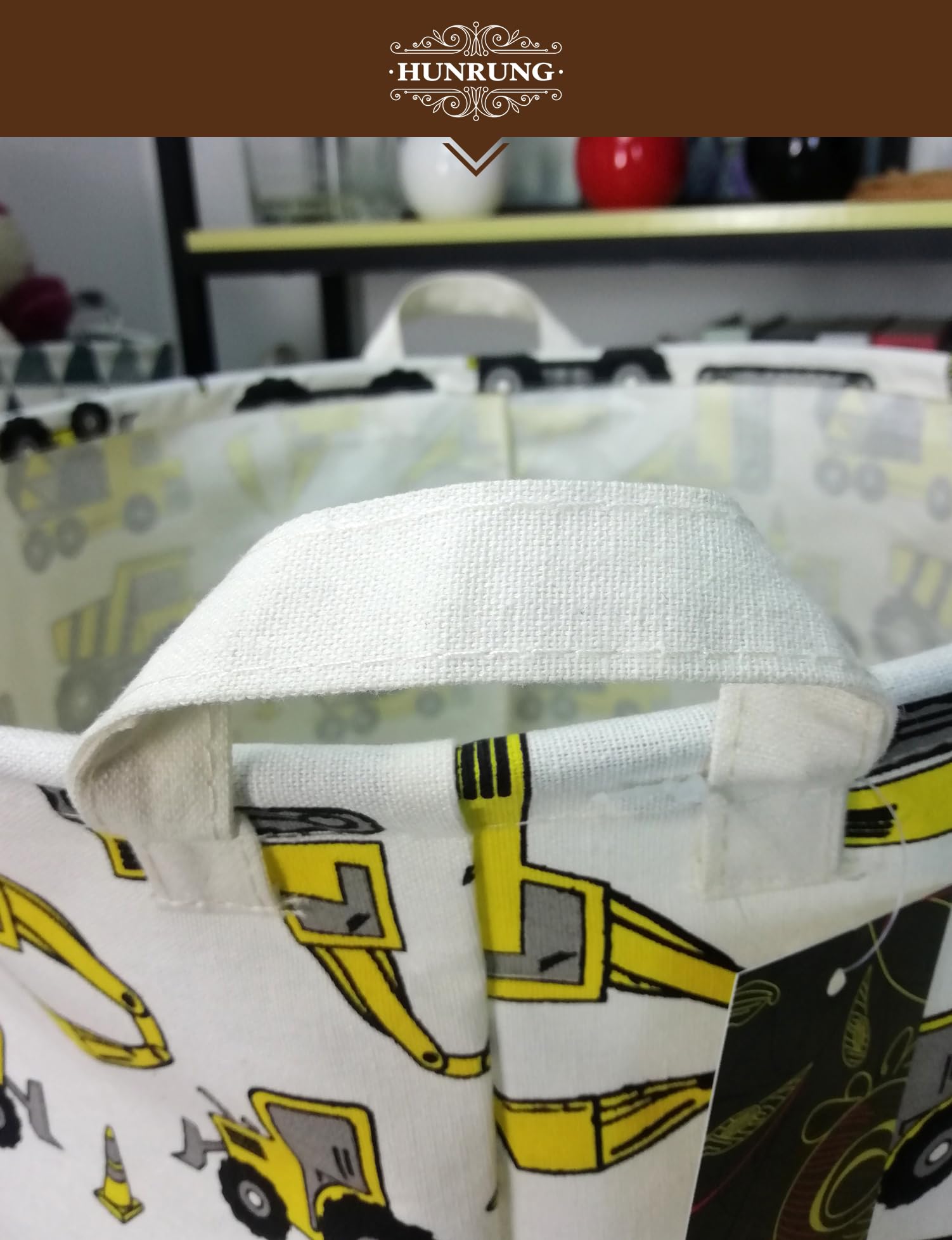 HUNRUNG laundry hamper used for toy storage in playrooms and nurseries.