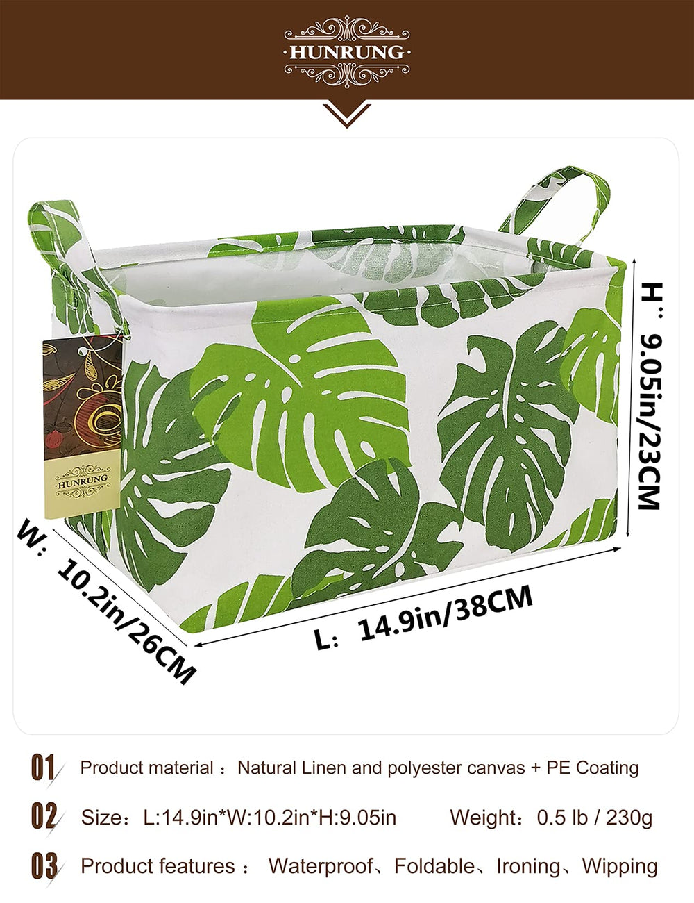 HUNRUNG leaf rectangle canvas storage basket with a stylish leaf pattern