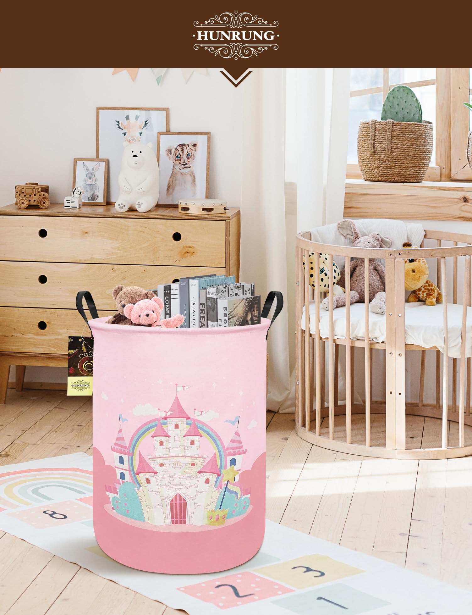HUNRUNG pink castle pattern storage basket adds playful charm.