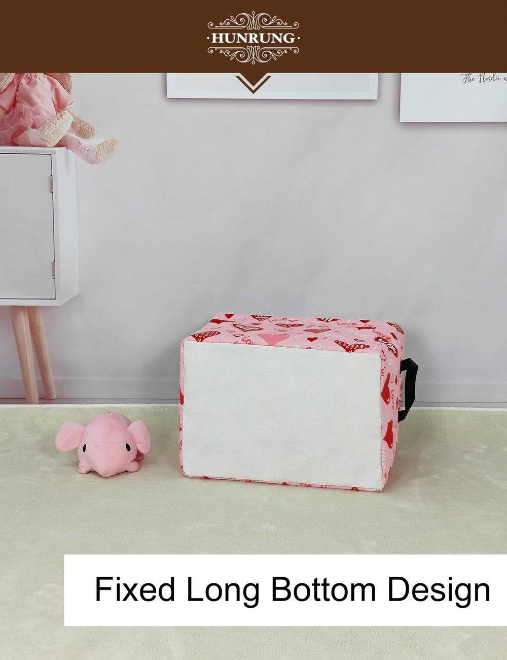 HUNRUNG pink love-heart pattern storage basket complements kids' spaces.