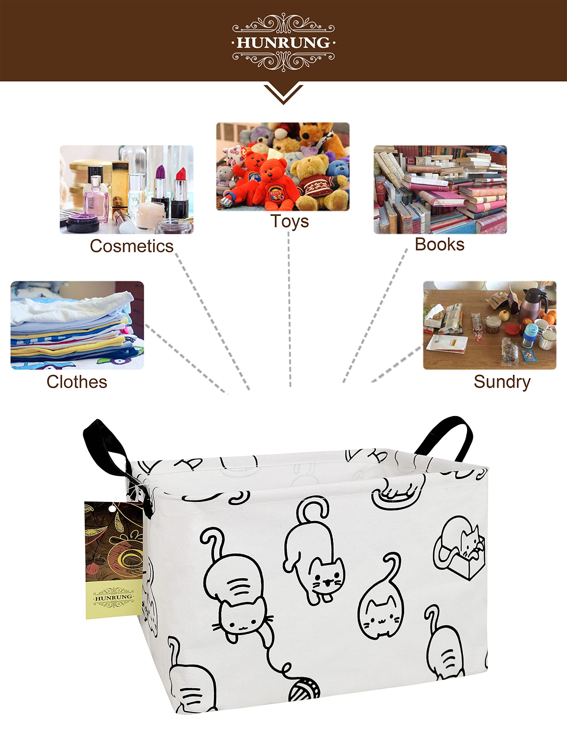HUNRUNG rectangle storage basket black-cat pattern close-up showcases playful nursery decor and storage.