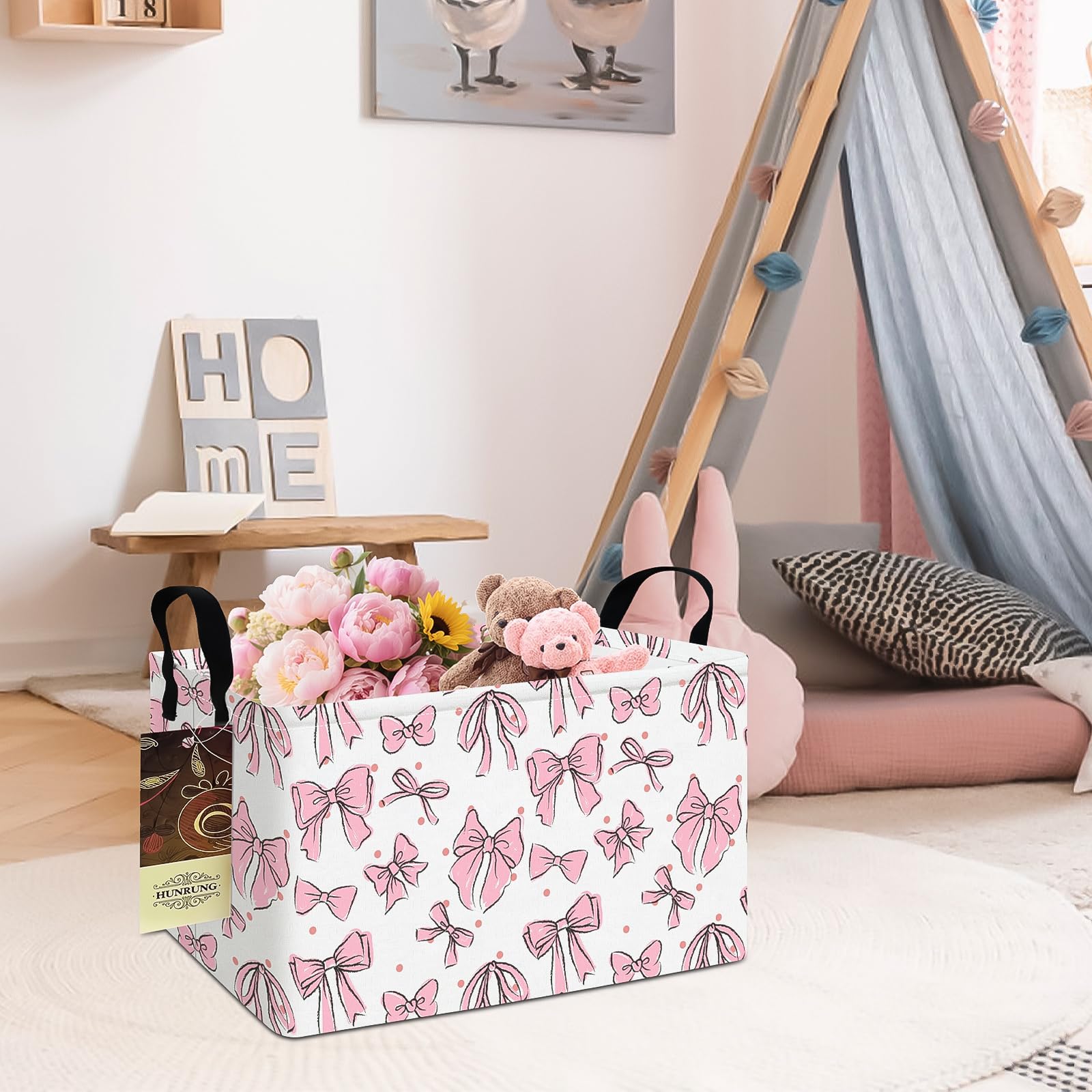 HUNRUNG rectangle storage basket shows durable polyester canvas construction.