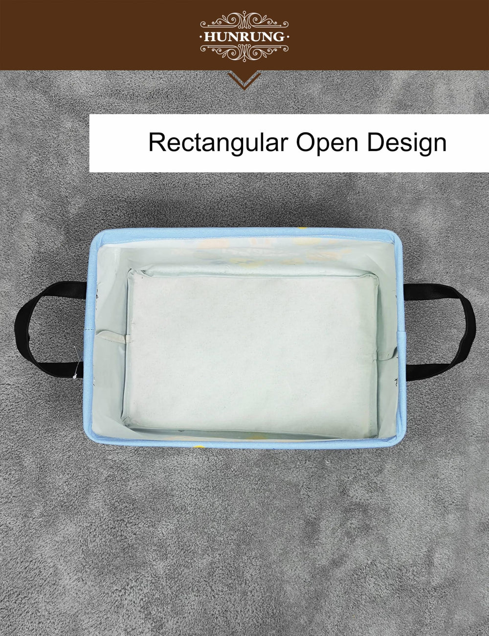 HUNRUNG rectangle storage basket close-up reveals durable polyester canvas and linen material.