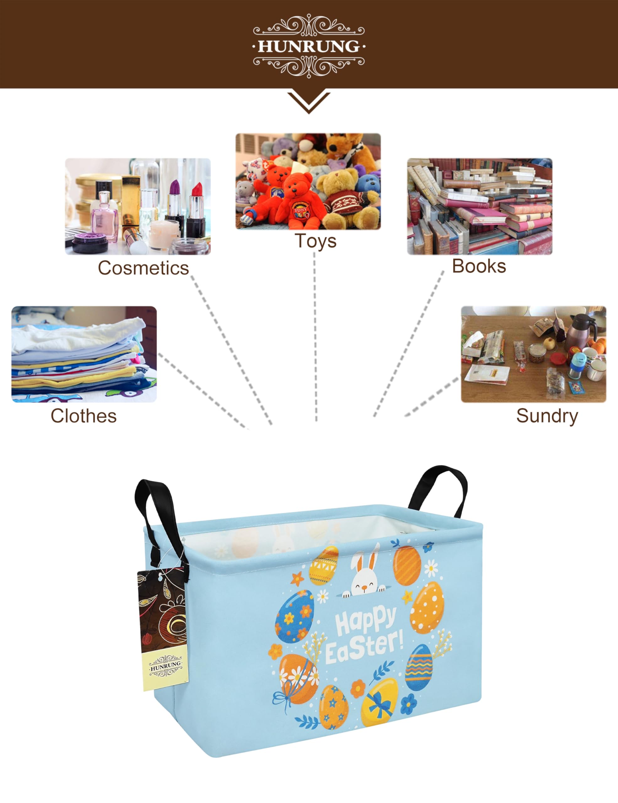 HUNRUNG rectangle storage basket collapsed flat demonstrates easy transport and compact storage.