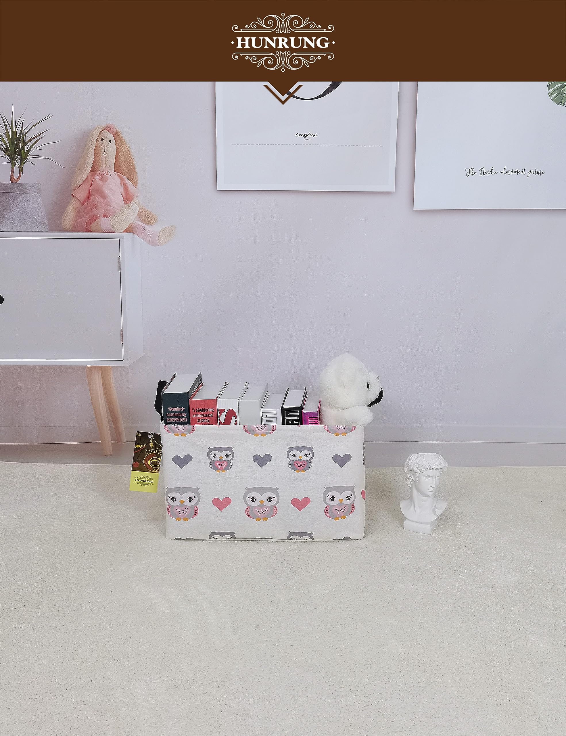 HUNRUNG size 14.9 in L × 10.2 in W × 9.05 in H fits toys and clothes.