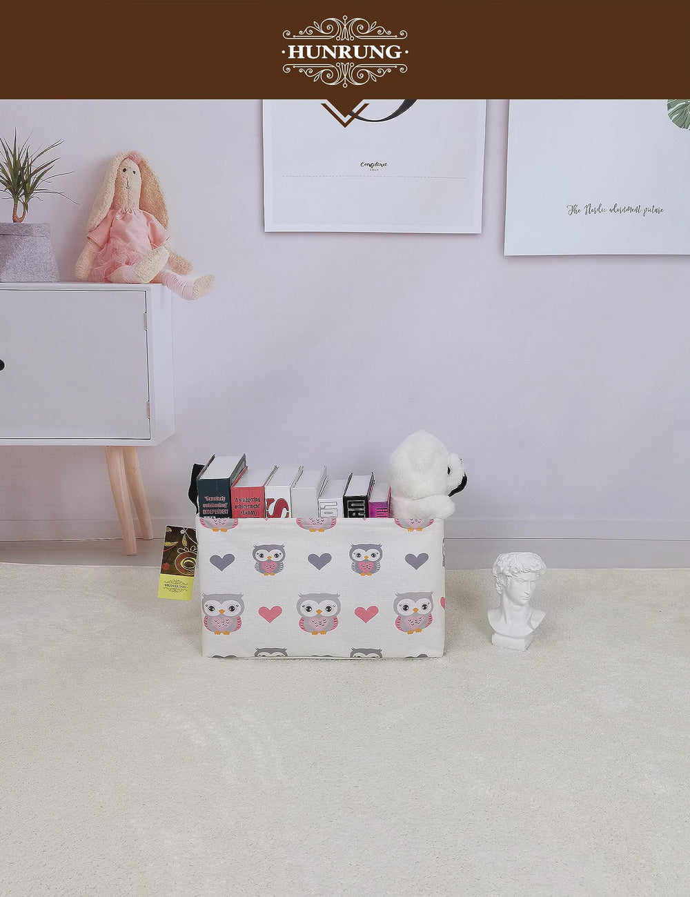 HUNRUNG size 14.9 in L × 10.2 in W × 9.05 in H fits toys and clothes.