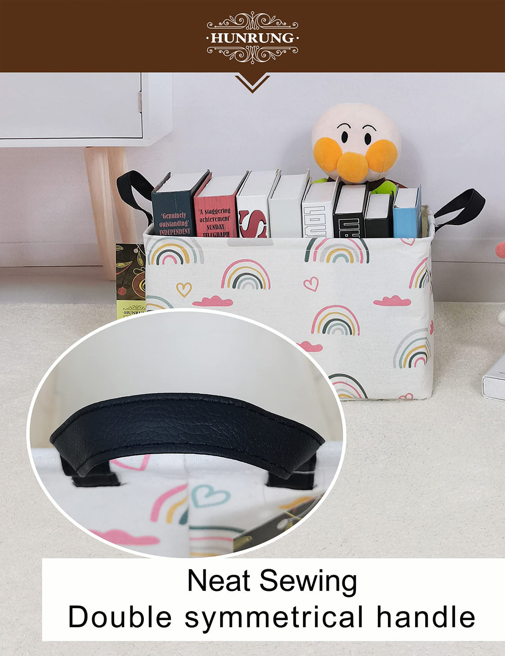 HUNRUNG rectangle storage basket fold-flat demonstrates easy space saving storage.