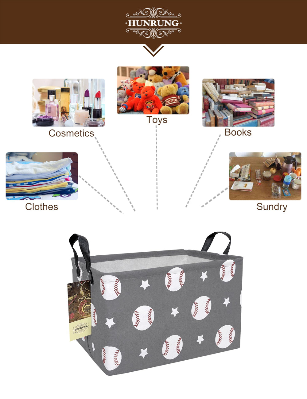 HUNRUNG canvas basket side view emphasizes durable material and collapsible frame.